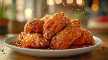 A plate of crispy fried chicken wings with a sweet and spicy sauce. photo