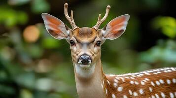 Close-up of a deer with large ears and small antlers. photo