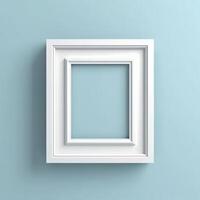 White blank picture frame, realistic vertical picture frame. Empty white picture frame, mockup template isolated on light blue background. photo