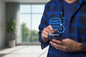 Modern Data Management Concept with Smartphone Interaction and Graphics photo