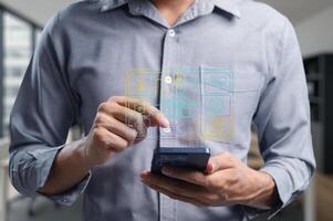Modern User Interacting with Home Automation Interface on Smartphone photo