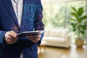 Smart Home Interface Concept with Man Using Tablet in Modern Room photo