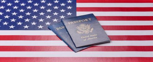 Passport against the background of the US national flag photo