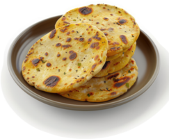 Stack of golden-brown, spiced flatbreads on a dark plate. png
