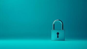 Minimalistic Image Of A Chrome Padlock On A Solid Teal Background, Symbolizing Security, Privacy, And Protection. photo