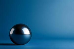 Sleek Metallic Sphere Reflecting Light On A Blue Surface With A Vibrant Blue Background, Featuring A Minimal And Modern Design. photo