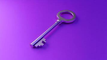 Elegant metallic key displayed against a vibrant purple backdrop, emphasizing clean lines and simplicity. photo