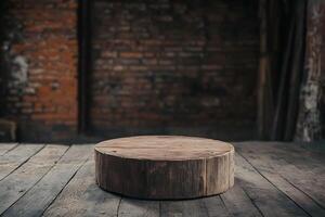 Round Wooden Stand On A Weathered Wooden Table, Capturing The Essence Of Vintage Style And Rustic Design. photo