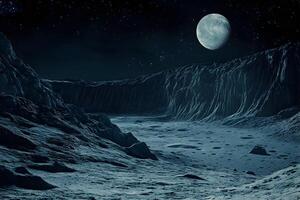 Surreal Lunar Landscape Featuring Rocky Terrain, Deep Craters, And A Full Moon Illuminating The Sky In A Dark And Mysterious Atmosphere. photo