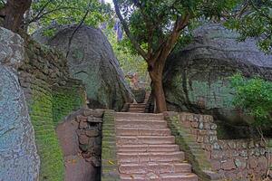 Ancient stone staircase at Sigiriya Rock surrounded by massive boulders and jungle trees photo