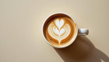 minimalist food photography of a latte in a white mug with foam art, soft beige background, natural daylight, top down view photo