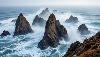 a series of sharp rock pinnacles emerging from swirling coastal mist. photo