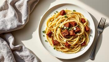 minimalist food photography of truffle pasta on white plate, soft cream background, natural daylight, top down view photo