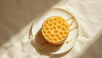 minimalist food photography of a milk skin dessert with honeycomb texture, soft cream background, natural daylight, top down view photo