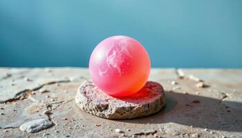 minimalist food photography of a frozen cocktail sphere melting on warm stone, soft ombre blue background, natural daylight photo