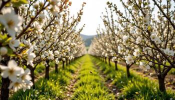 a springtime orchard with rows of blossoming trees, bees buzzing between flowers, and soft sunlight filtering through the petals. photo