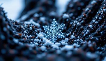 close up of a single snowflake on a wool glove, macro perspective photo