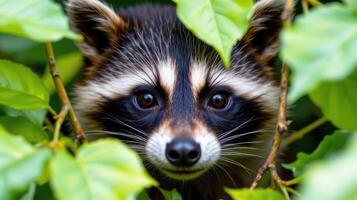 closeup of a raccoon's face peeking through leaves photo