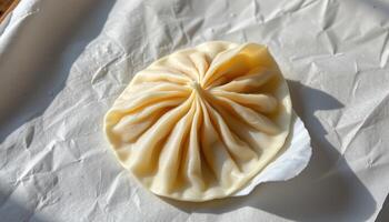 minimalist food photography of a transparent dumpling with visible filling patterns, soft rice paper background, natural daylight photo