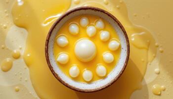 minimalist food photography of a single pearl tapioca bursting with mango nectar, soft liquid gold background, natural daylight photo