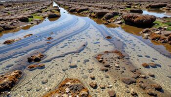 a shallow reef at low tide, exposing coral patterns and tidepools reflecting the sky. photo