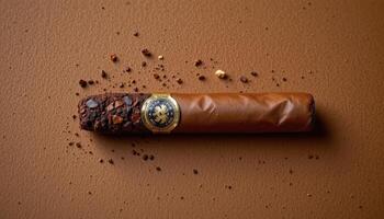 minimalist food photography of a single chocolate cigar with edible ash coating, soft suede brown background, natural daylight photo