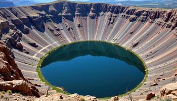 a lake formed in an ancient crater, with steep stone walls circling the dark, reflective water in perfect symmetry. photo