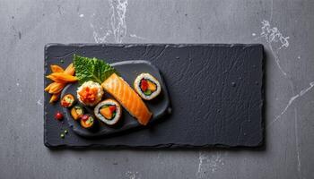 minimalist food photography of sushi platter on dark slate with pickled ginger, soft grey background, natural daylight photo