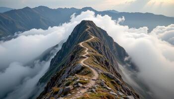 a narrow mountain ridge with cliffs on either side, where the wind howls and low clouds wrap around the path like ghostly walls. photo