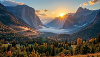 a serene valley nestled between towering mountains, covered in mist with a golden sunrise casting soft light across the landscape. photo