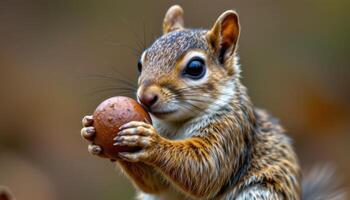 close up of a squirrel holding an acorn photo