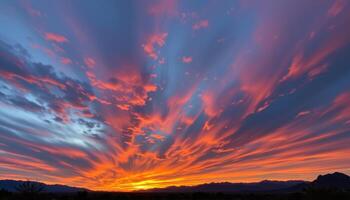 the sky turns a fiery orange as the sun disappears behind desert mountains. photo