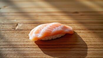 minimalist food photography of a single sushi nigiri with fish slice precisely draped over rice, soft hinoki wood background photo