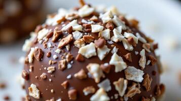 closeup of coconut flakes on a chocolate ball photo
