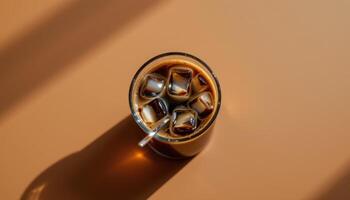 minimalist food photography of a iced coffee on a glass, black with ice cubes, soft brown background, natural daylight photo