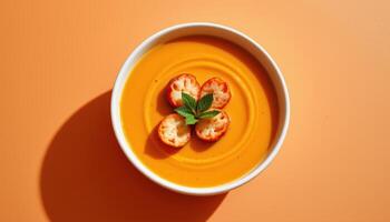 minimalist food photography of lobster bisque in white bowl, soft orange background, natural daylight, top down view photo