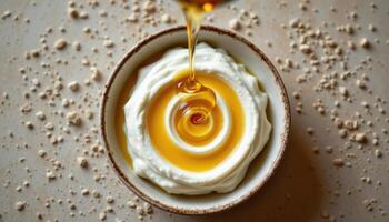minimalist food photography of a honey spiral frozen in motion over greek yogurt, golden threads suspended in air photo