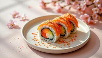 minimalist food photography of a dessert sushi roll with mochi rice and fruit fish, soft peach blossom background photo
