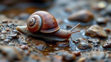 closeup of a snail on wet rocks photo