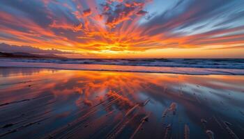 a colorful sunset reflects on wet sand at low tide on an empty beach. photo