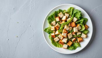 minimalist food photography of a chicken caesar salad on a white plate, crisp romaine with croutons, soft gray background photo