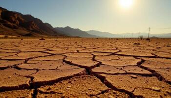 the desert floor cracks under the heat of midday sun, with mirages shimmering in the distance. photo