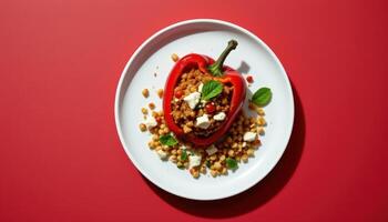 minimalist food photography of a stuffed peppers on a white plate, quinoa with feta, soft red background, natural daylight photo