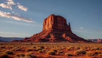 a sandstone mesa rising above a flat desert floor, glowing red in the sun. photo