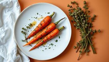 minimalist food photography of a roasted carrots on a white plate, thyme with honey glaze, soft orange background photo