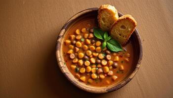 minimalist food photography of a lentil soup on a wooden bowl, hearty with crusty bread, soft brown background, natural daylight photo
