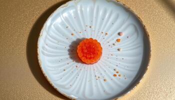 minimalist food photography of a molecular gastronomy fruit caviar on mother of pearl plate, soft champagne gold background photo