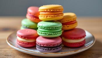 close up of colorful macarons stacked on a plate photo