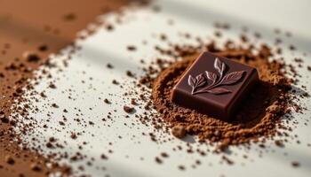 minimalist food photography of a single square of dark chocolate with laser etched botanical design, soft cocoa powder background photo