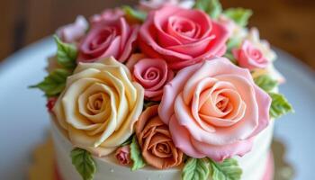 close up of buttercream flowers on a cake photo
